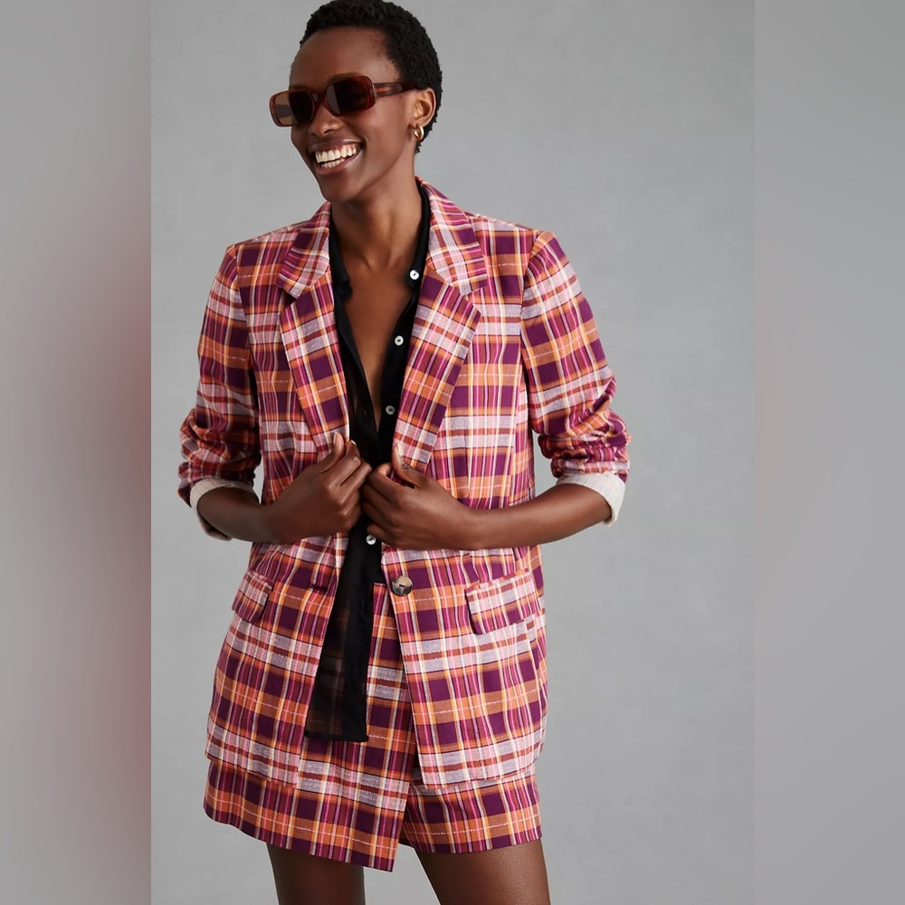 ANTHROPOLOGIE Maeve Slim Plaid Blazer Jacket Raspberry Pink Purple Size 0